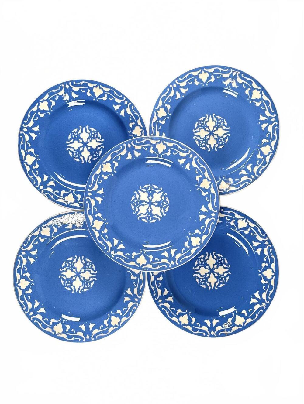 Set of 5 Antique Opaque de Sarreguemines Blue Cream Relief Plates France 1880s